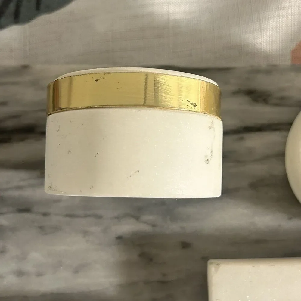 Two Tone Grey And White marble Style Condiment Set With Gold Tone Trim